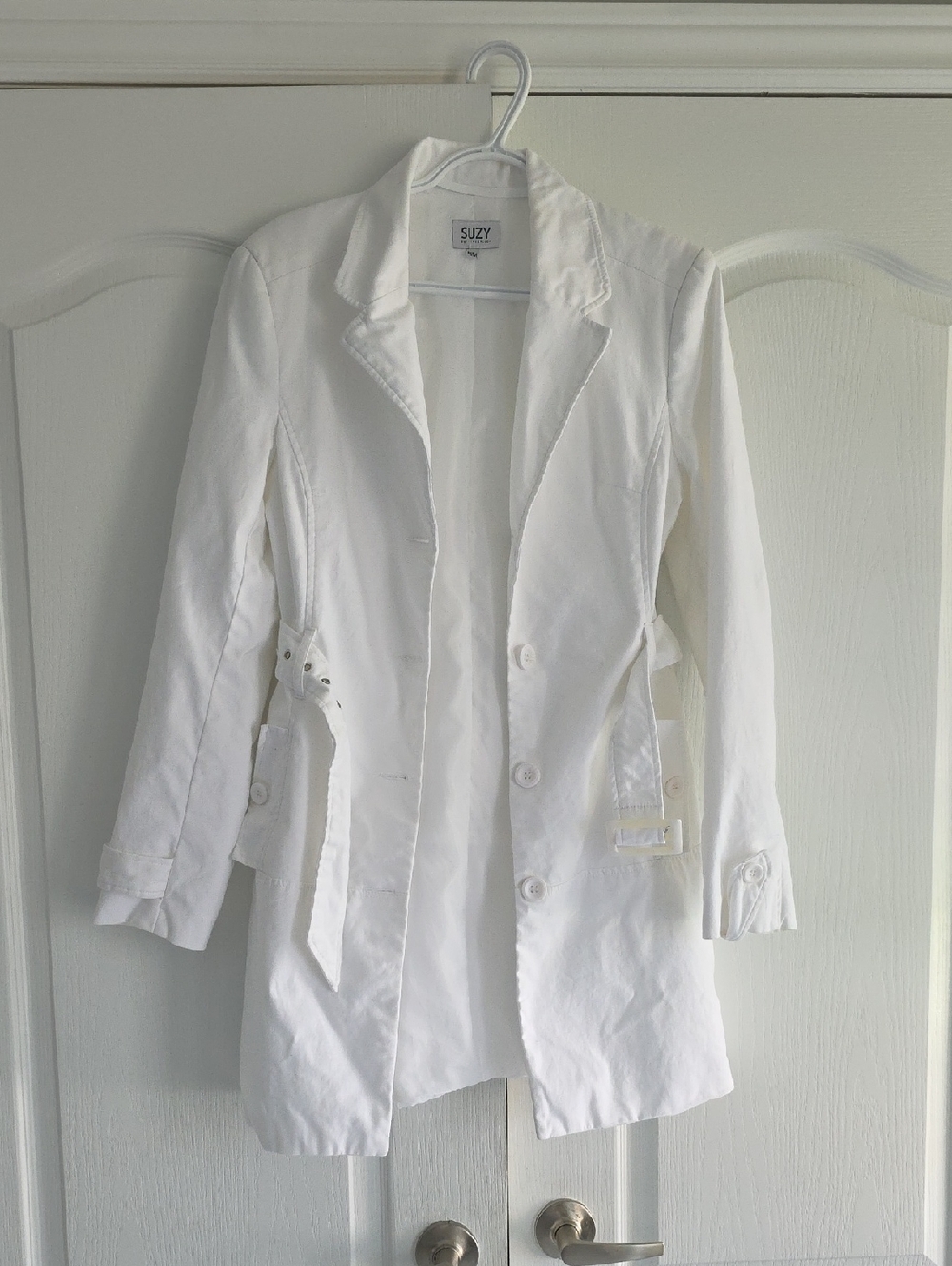 Suzy Shier White Belted Cotton Trench Coat